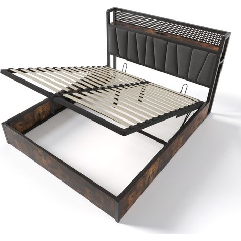 Letto matrimoniale imbottito grigio 180x200 cm con LED RGBW, USB, prese e vano contenitore (1/5)