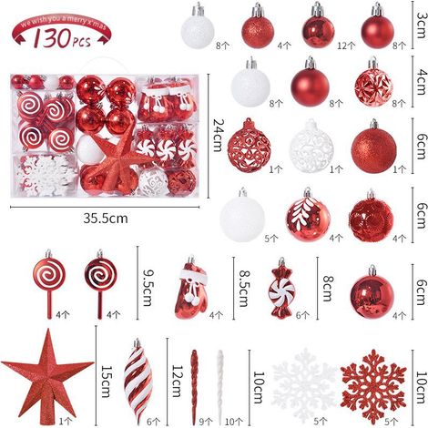 130 rote und weiße Weihnachtskugeln – Unzerbrechliche Kunststoff-Weihnachtskugeln – Christbaumschmuck – Schaffen Sie eine weihnachtliche Atmosphäre – für die Weihnachtsdekoration im Innen- und Außenbe (1/5)