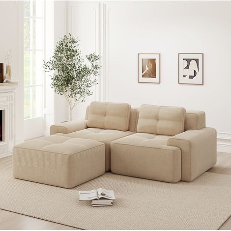 Sofá modular angular 204x177 cm con asiento profundo, respaldo curvo y tejido efecto pana beige (1/5)