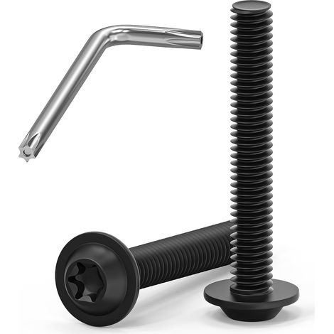 Lot de 20 vis à tête bombée M6 x 40 mm, noires, vis M6 avec bride, en acier inoxydable A2 V2A, vis Torx, bride, filetage complet avec clé Torx, pour assemblage de meubles (1/5)