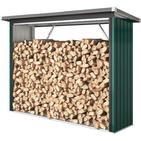 Abri-bûches Couvert Support pour Bois de Chauffage Plancher Surélevé Toit Incliné, Acier Galvanisé 213x66,5x150cm Vert