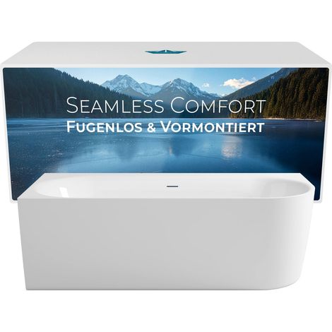 Calmwaters® Vorwand-Badewanne 180x80 cm Komplettset Seamless Comfort, fugenloses Design, vormontiert mit Schürze & Ablaufgarnitur, rechte Ausführung, Made in EU, Acryl, 02SL6222
