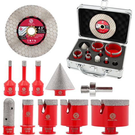 Foret Diamant Kit Trepan Carrelage - Scie Cloche Diamantée pour Porcelaine Carrelage Marbre Granit 10 pièces (6/8/10/20/35/50/68mm+20mm Fraise+50mm Mèches Chanfrein+Adaptateur+115mm Disque) (1/5)