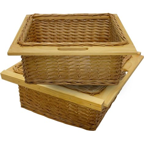 Lot de 2 Paniers de Rangement Coulissants en Pin pour Cuisine, Salle de Bain, Chambre, Penderie - 600 mm / 60 cm Brun Solide Jusqu'à 10Kg Design Décoration Maison [Fixations Incluses] Tissé Mains