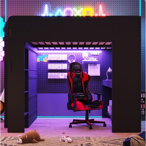 Letto a soppalco 140/200 cm nero con scrivania, armadio aperto e illuminazione LED (1/5)