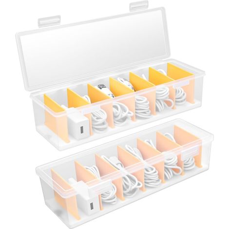 2 Pièces Boite Rangement Cable, Boîtes Range Cable avec 7 Séparateurs Amovibles, Boîte Organisateur de Câbles Transparent, Organisateur de Câbles pour Bureau, Maison (1/5)