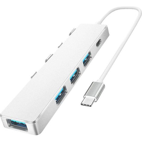 4-Port USB-C Hub mit USB 3.0 + 2.0 Anschlüssen, Splitter aus Aluminiumlegierung, Dockingstation mit Typ-C-Schnittstelle, silber, schnell und kompakt. (1/4)