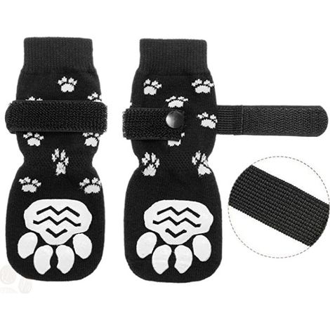 Chaussettes pour animaux de compagnie noires compatibles avec chiens, antidérapantes, imperméables et ajustables, lot de 4 (1/2)