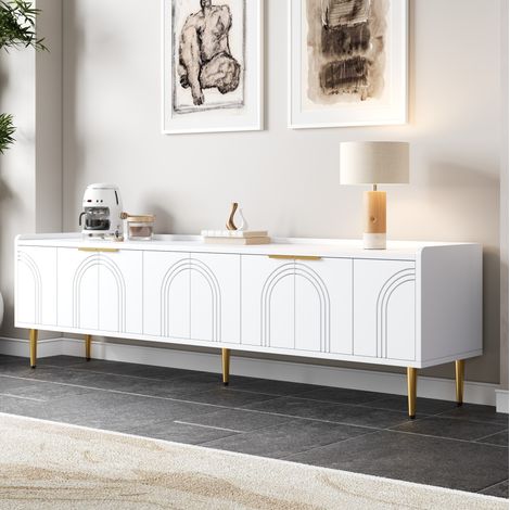 Mueble TV (170x35x47.5 cm), diseño escultórico, gestión de cables, almacenamiento modular, MDF, blanco (1/5)