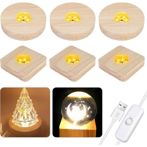 Socle Lumineux LED en Bois: 6 Pièces Base D'affichage USB, Ronde et Carrée pour Boule de Cristal, Résine Acrylique [Classe énergétique F] (1/5)