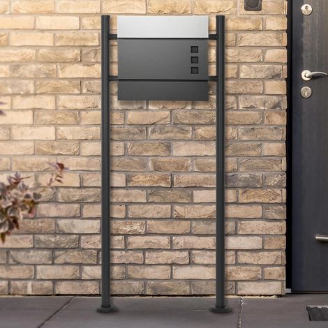 ECD Germany Boîte aux Lettres sur Pieds, Anthracite/Argent, 37x10,5x36,5 cm, Acier Inoxydable, Mailbox Moderne, Compartiment à Journaux, 2 Clés, Support Anthracite 120 cm, Materiel de Montage Inclus (1/5)