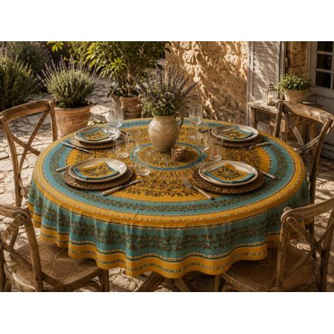 Nappe ronde provençale Ocre & Céladon Ø180 cm avec 6 serviettes – Fabriquée en France - diam 180 - Céladon (1/3)