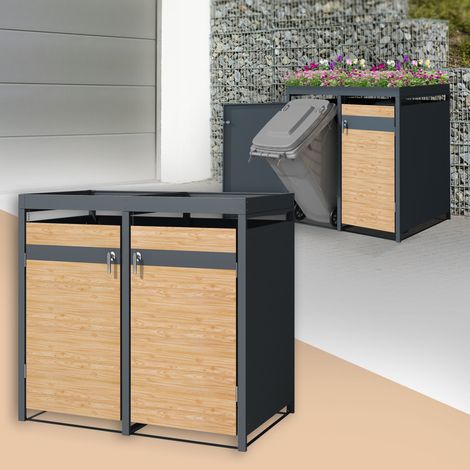 ML-Design Cobertizo de Exterior para 2 Cubos de Basura de 240L 132x80x124 cm con Aspecto Alerce Mueble Cubrecontenedor de Acero Resistente con Techo Vegetal y Puerta Abatible con Cerradura (1/5)