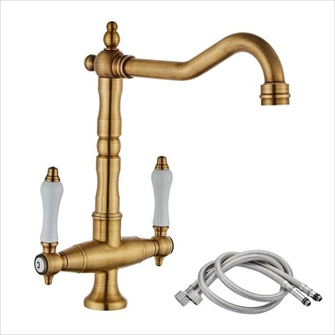 Rubinetto da Cucina Girevole a 360°, Doppia Manico Lavello Retrò Ottone Acqua Calda e Fredda Regolabile - Ottone