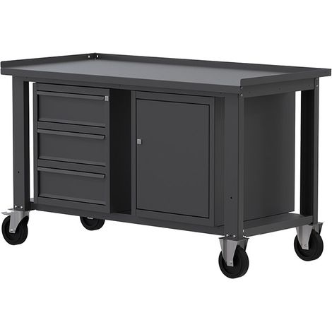 Banco lavoro con ruote SOGI X3N111AR - 1.5 m - piano in acciaio - 3 cassetti + armadio con anta (1/4)