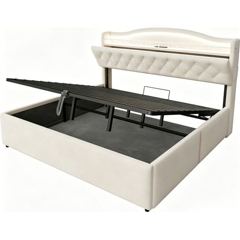 Cama tapizada 180 x 200 cm con canapé hidráulico, LED, USB y USB-C, beige, MODENUIT (1/5)