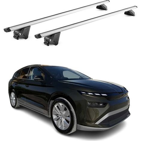 OMAC Barres de toit aluminium certifiées TÜV pour Skoda Enyaq 2020-2026 – Pour rails de toit intégrés – Rainure en T – Charge max 100 kg – 2 antivols Argent (1/4)