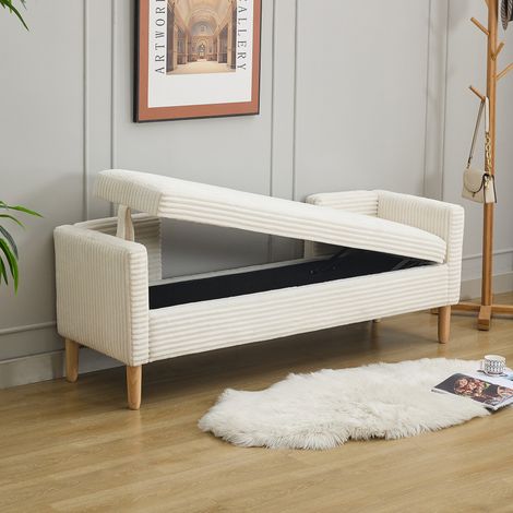 Banquette coffre avec dossier et accoudoirs, 2 coussins rouleaux, velours côtelé ivoire