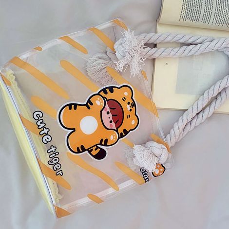 Sac fourre-tout transparent imperméable, motif mignon petit tigre, grand format PVC, réutilisable pour le travail et les courses, capacité spacieuse (1/4)