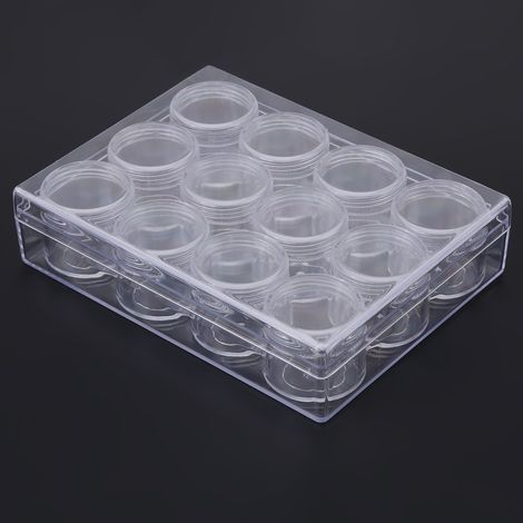 Boîte de rangement rectangulaire transparente en plastique pour bijoux avec 12 petits pots ronds (15g) - Coffret organisateur de perles et accessoires, flacons miniatures. (1/5)