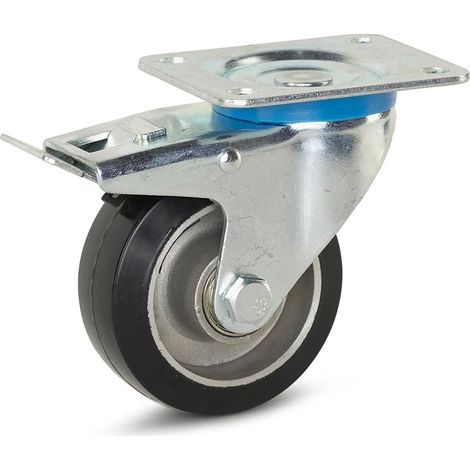 Roulette pivotante freinée - MESO - Caoutchouc élastique noir - 100mm - Platine - 220kg (1/2)
