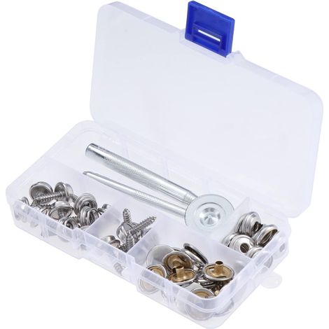 Set mit 15 Schrauben (15 mm), Metallbefestigungen und 3 Befestigungswerkzeugen für Planen, Boote, Zelte und Autoabdeckungen (1/5)