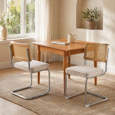 MEUBLIV 2er-Set Esszimmerstühle Beige mit Rattanlehne und Freischwinger-Gestell (1/5)