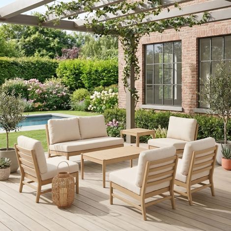 Salon de jardin bois d'acacia naturel 6 places - Lunari Naturel / Beige (1/3)