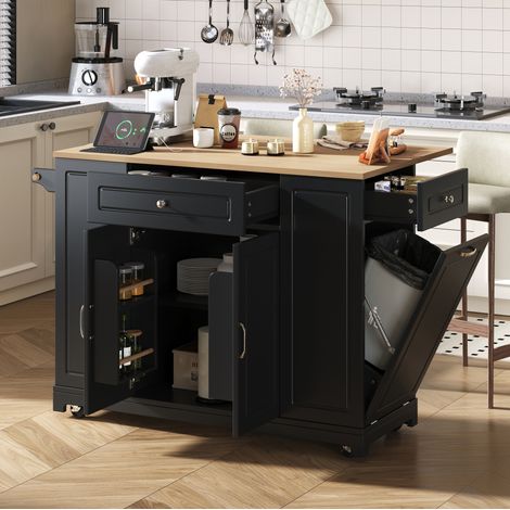 Isola cucina su ruote nera con piano estensibile, prese integrate e contenimento (1/5)