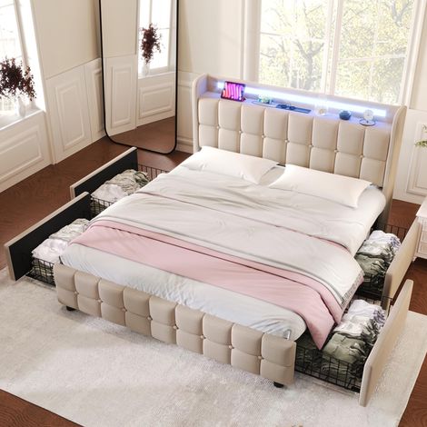 Lit Double Rembourré 140x200 cm avec LED et Prises USB - Cadre de Lit avec 4 Tiroirs de Rangement - Tête de Lit Capitonnée - Lin - Beige