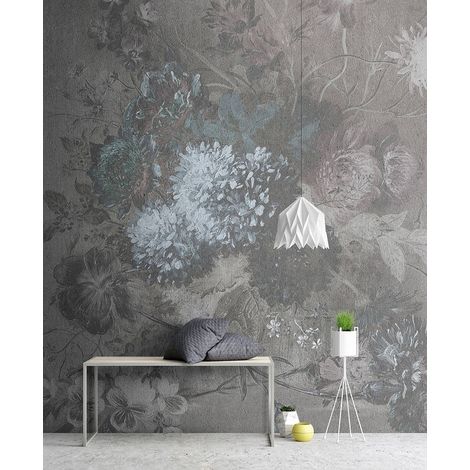 Papier peint panoramique floral vintage effet peinture | Tapisserie panoramique grise motif fleur pour cuisine | Papier peint panoramique fleuri bureau - 270 x 300 cm (3 pièces) (1/5)