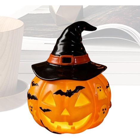 Lampe Citrouille Halloween avec Chapeau, Veilleuse de Table USB en Résine, Décoration Vintage pour Maison, Étagère et Cheminée, S(9,5x9,5x11,5cm) (1/5)