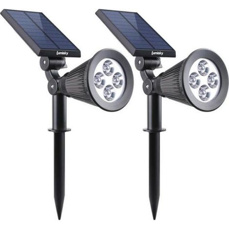 Lot de 2 Spot solaire, étanche, 4 LEDs blanches, 200 Lumens, tête pivotante 90 degrés, extérieur jardin (1/3)