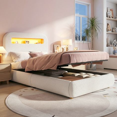 Lit Simple Enfant 90x200 cm avec coffre de rangement intégré, sommier à lattes et mécanisme hydraulique, tête de lit, éclairage LED, pieds en bois massif, blanc, tissu bouclé douillet
