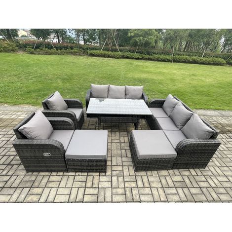 Fimous Patio Rattan Garden Furniture Set with Oblong Rectangular Dining Table 10 Seater Outdoor Lounge Sofa Set Dark Grey Mixed
