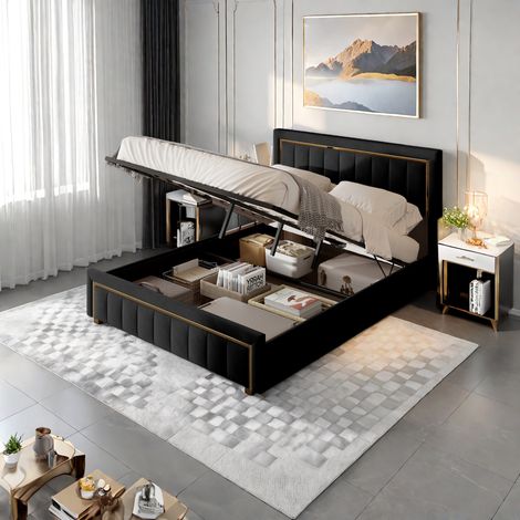 Letto matrimoniale imbottito con sistema di stoccaggio idraulico, moderno letto contenitore, tessuto in velluto bianco/nero, 140 x 200 cm/160 x 200 cm, senza materasso (1/5)