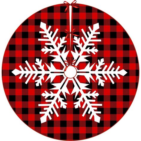 Tree Skirt - 48 Inch - Double-Sided Knitted Christmas Tree Base Cover - Red Snowflake Reindeer Design - 1 Piece (1/2)