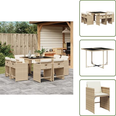 Ratán sintético - vidaXL Set comedor de jardín 9 pzas con cojines ratán sintético beige - Cojines para sillas