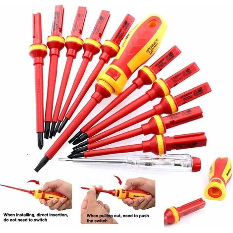 Coffret de tournevis Lot de 13 Tournevis Isolés CR-V Haute Tension 1000V Magnétique Phillips Fente Torx Tournevis Durable Outil manuel, Kit D'outils de Réparation D'électricien, (1/4)