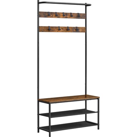 Meuble d Entrée, Porte-manteaux, avec Banc et Étagère à Chaussures, 9 Crochets Amovibles, Tringle, 32,2 x 84 x 180 cm, pour Entrée, Chambre, Style Industriel, Marron Rustique et Noir HSR421B01 (1/5)