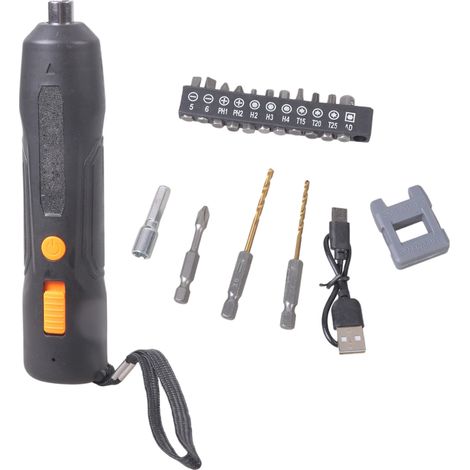 Tournevis électrique sans fil portable avec fonction réversible, embouts multiples, conception ergonomique et batteries au lithium rechargeables.