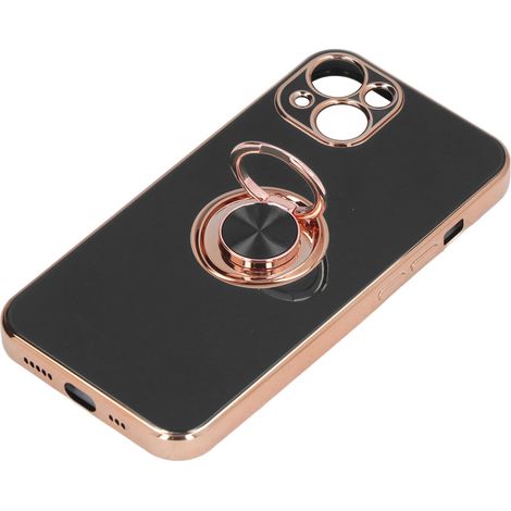 Étui pour iPhone 13 avec anneau de support plaqué or rose pailleté, ultra fin et flexible en TPU, noir classique