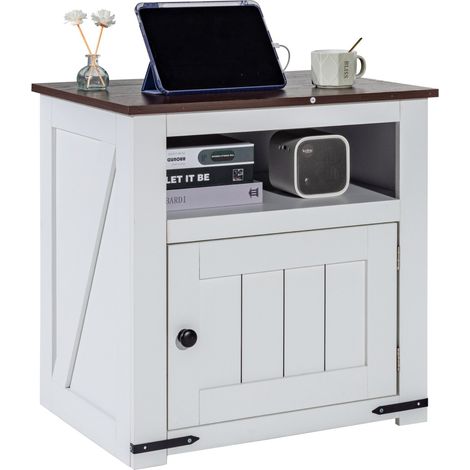 Table d'appoint de ferme à 3 niveaux, table de chevet carrée avec ports et prises USB, table d'appoint avec armoire de rangement, table de nuit, idéal pour le salon, la chambre, le bureau, blanc (1/5)