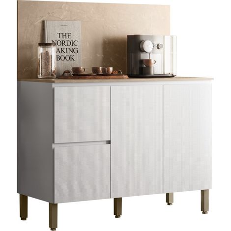 Meuble de Cuisine Bas 3 Portes 2 Tiroirs Blanc et Crédence Marbre L 120 H 91.5 P 53.3 cm
