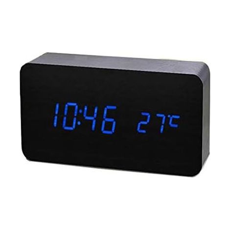 Faux Wood LED Digital Alarm Clock, Sound Activated Home Office Alarm Clock with Temperature/Humidity/Calendar, Battery/USB Powered, Black/Blue (1/5)