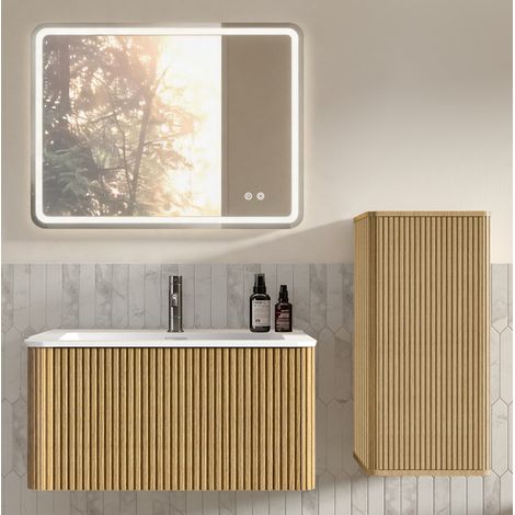 Hängendes Badmöbel-Set 80 cm mit Waschbecken, LED-Spiegel und Hochschrank in Eichenoptik (1/5)