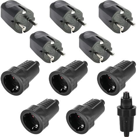 Pack of 5 pairs of Schuko plugs, IP54 waterproof, black rubber, 250V 16A, indoor/outdoor use (1/5)