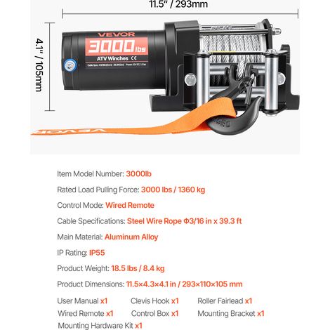 VEVOR 3000 lbs Electric Winch, 12V DC ATV/UTV Winch with Φ3/16 in x 39.4 ft Steel Wire Rope & Wired Remote Control, IP55 Waterproof, Aluminum Housing Fairlead Mount Plate for Towing ATV, Black (1/4)