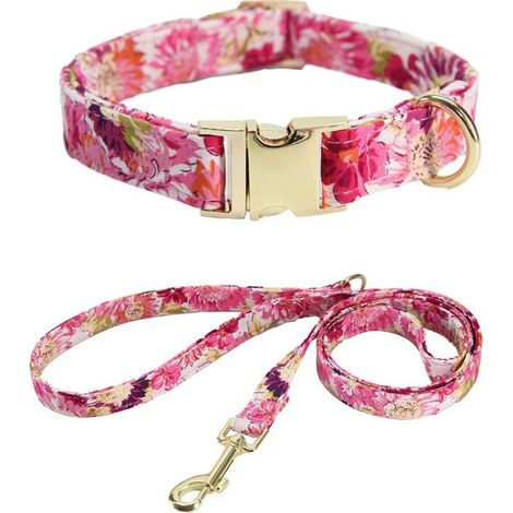 Hundehalsband – Baumwollstoff mit Blumenmuster – Roségoldene Metallschnalle – Längenverstellbar – Inkl. passender Leine – 1 Stück (1/5)