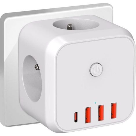 Multiprise murale Cube, prise de charge USB 7 en 1 avec 3 prises secteur, multiprise commutée 4 000 W pour salon, bureau et chambre (SKU produit : 97442546 SKU Offre : mwj25.9.17-19) (1/4)